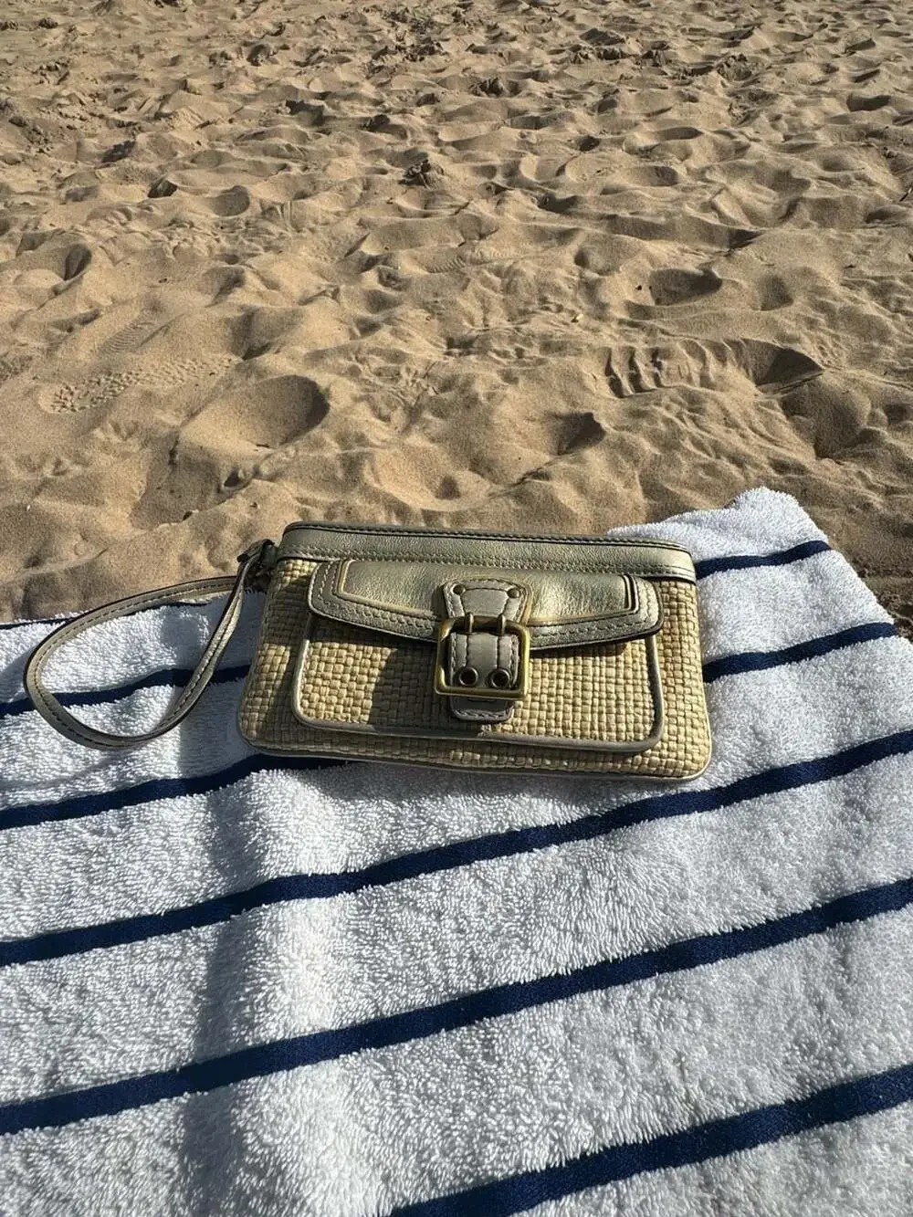 Coach Legacy Woven Straw and Metallic Leather Wristlet